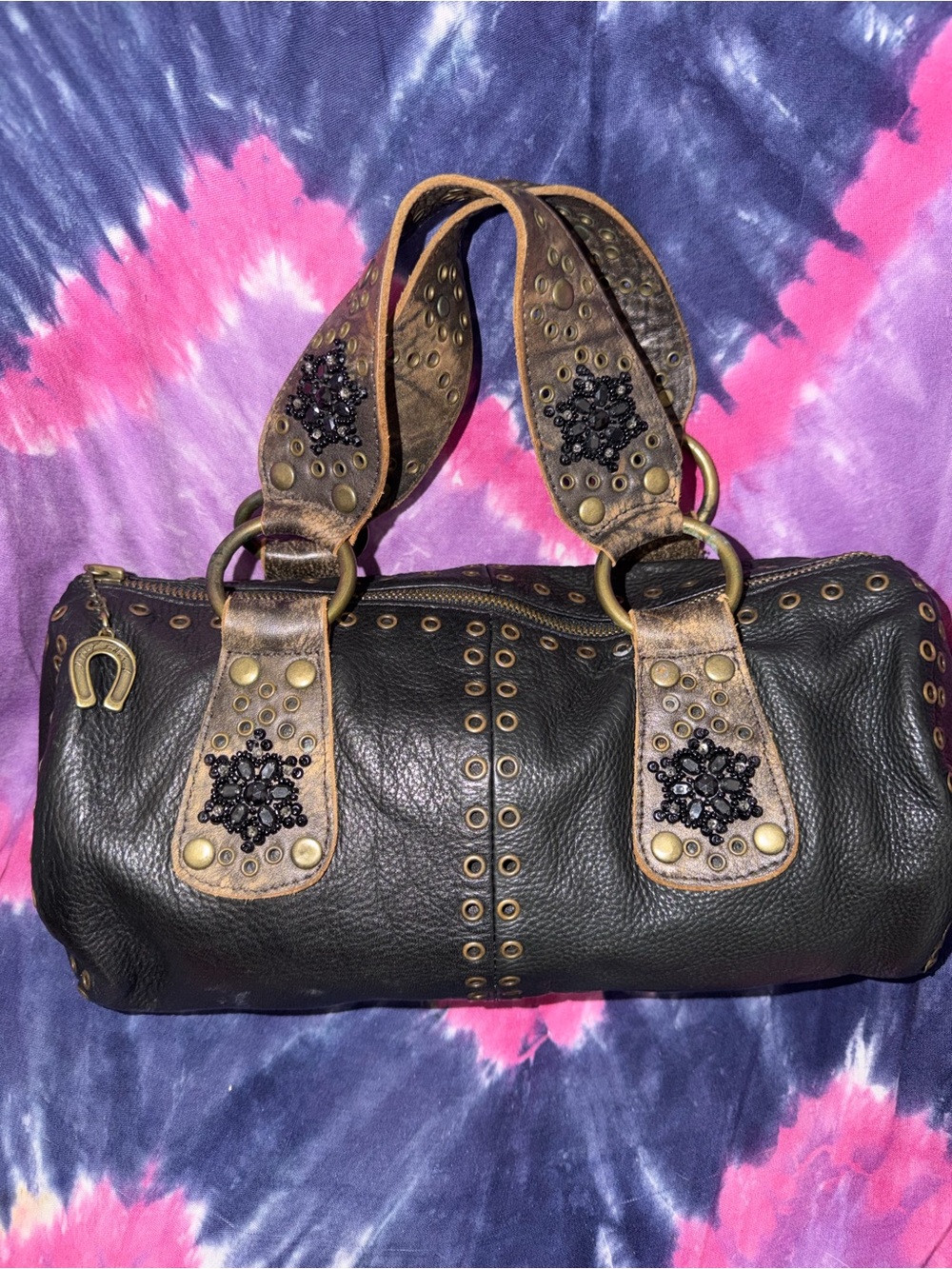 Vintage Betsey Johnson Black Studded Leather Satchel Handbag - Picture 2 of 7